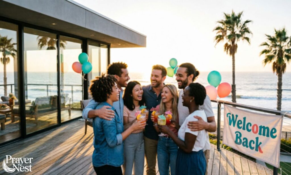 Welcome Back Messages for Friends Reunited at a Beach House in Los Angeles
